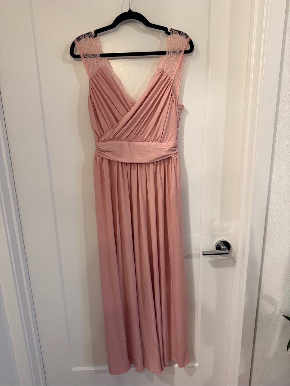 Chiffon V-Neck Pink Maxi Dress with Lace Straps